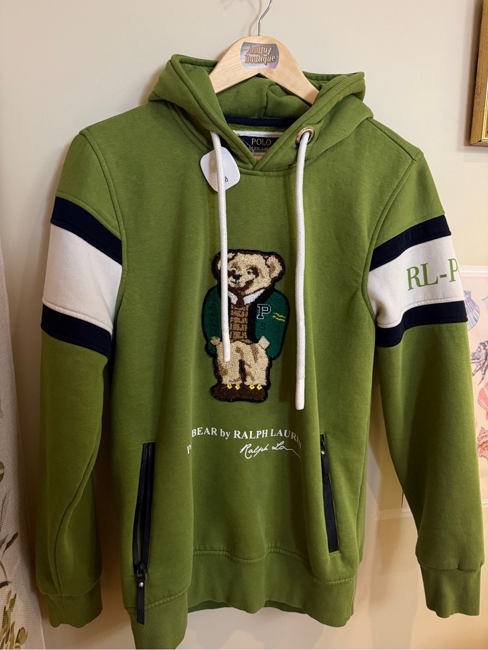 Ralph Lauren Olive Green Polo Bear Pullover Hoodie with White & Navy Accents